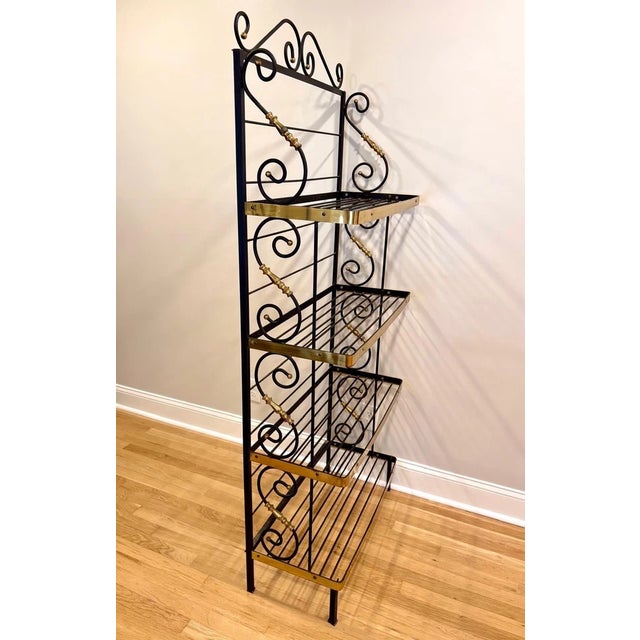 1980s Vintage French Style Four Tier Scrolled Wrought Iron & Brass Baker's Rack For Sale - Image 5 of 10