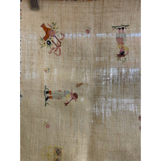 Vintage Hand-Embroidered Linen Tablecloth With Figural Motif and Fringe Border For Sale - Image 9 of 9