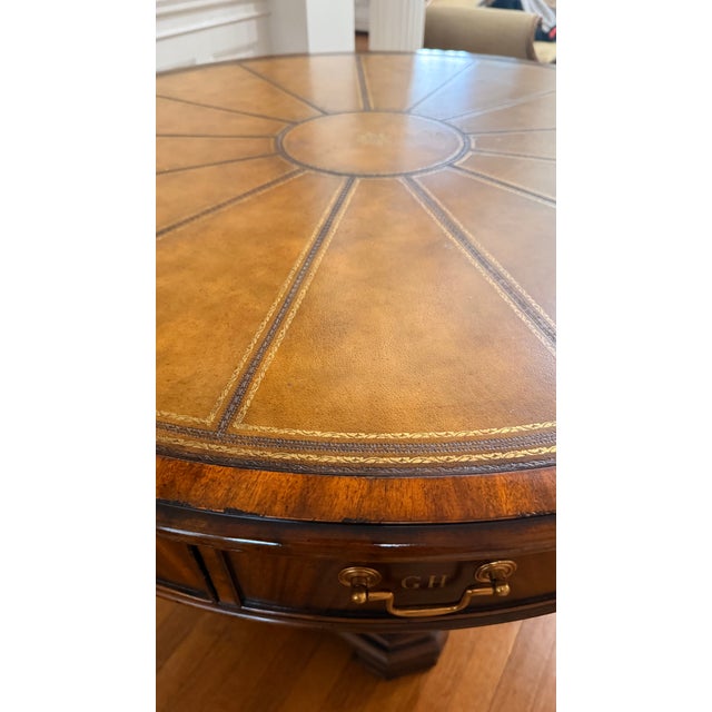 Vintage Maitland-Smith Rotating Rent Table / Drum Table in Mahogany & Burlwood – Alphabetized Drawers – 42” Round For Sale - Image 17 of 18