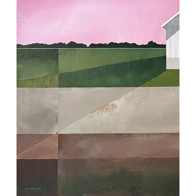 Alizarine Sky by Justin Wheatley | Acrylic on Canvas Barn Landscape With Pink Sky For Sale - Image 4 of 11