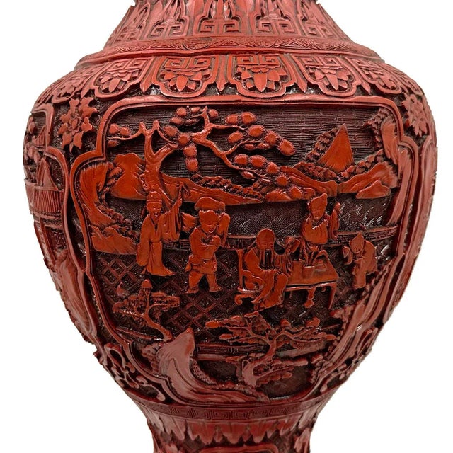 Paint Mid-20th Century Chinese Hand Carved Cinnabar Vase For Sale - Image 7 of 8