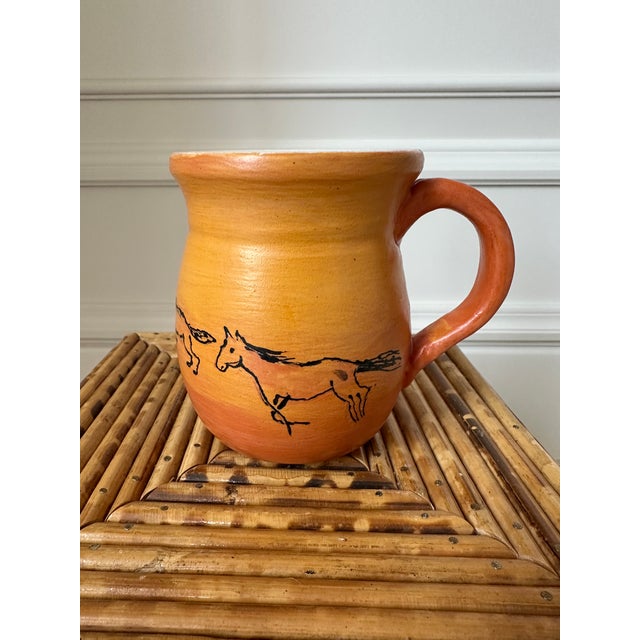 Charming Vintage Equestrian Handmade Handled Ceramic Vase. Horses and dogs in motion hand sketched and glazed in black...