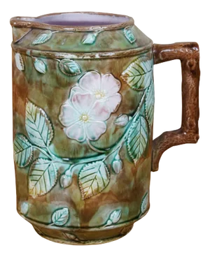 Antique Majolica French Barbotine Dog Rose Flower Blossom Water Pitcher Jug