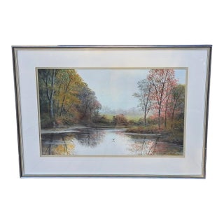 Vintage Fall Landscape Watercolor Painting Framed and Signed For Sale