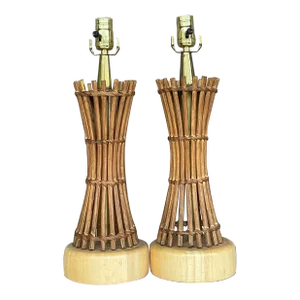 Vintage Coastal Pencil Reed Table Lamps - a Pair