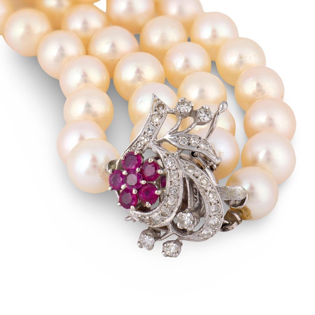Vintage Ruby Diamond Pearl 14k White Gold Necklace For Sale - Image 4 of 7