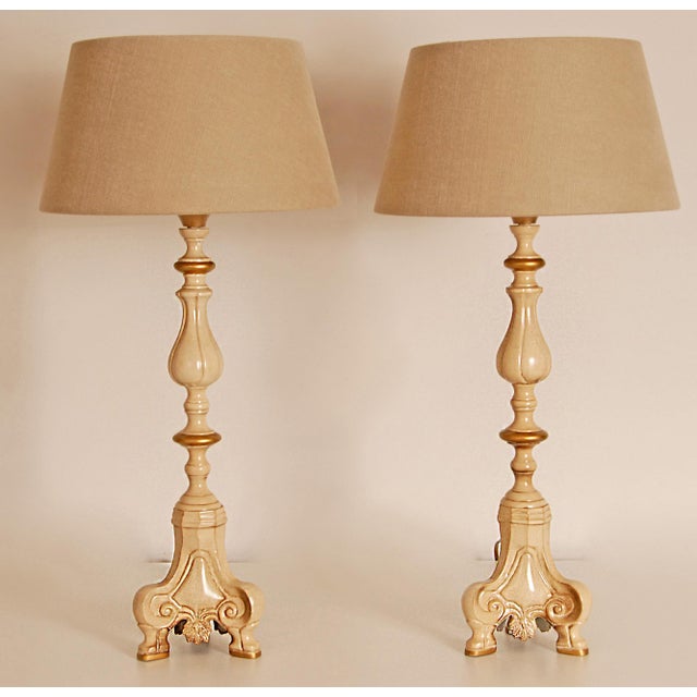 1980s Vintage Table Lamps France Cream With Gold - a Pair For Sale - Image 9 of 9