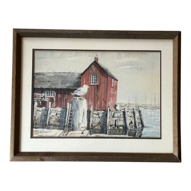 Vintage Original Watercolor of Seagull on Dock Coastal Landscape For Sale