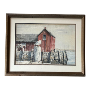 Vintage Original Watercolor of Seagull on Dock Coastal Landscape