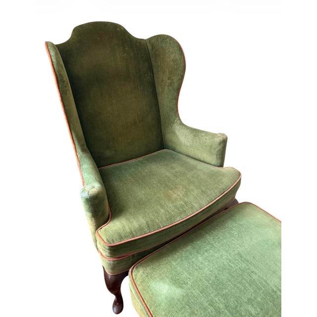 1960s Vintage Wingback Chair and Ottoman by Woodmark Originals in Green Velvet With Terracotta Piping, a Set For Sale - Image 5 of 13