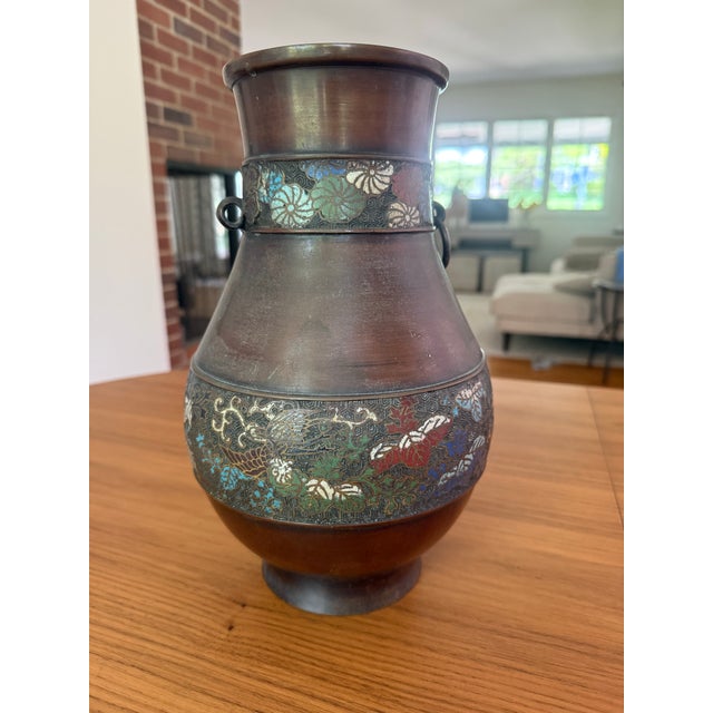 Japanese Antique Japanese Meiji Bronze Champlevé Enamel Hu Vase With Ring Handles For Sale - Image 3 of 6