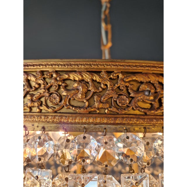 Antique Oval Flush Mount Chandelier Brass Crystal Ceiling Light Restored Gold For Sale - Image 9 of 10