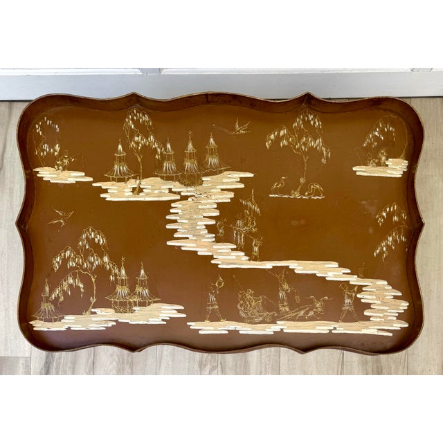Chinoiserie Vintage Italian Chinoiserie Tole Tray Coffee Table With Faux Bamboo Base For Sale - Image 3 of 15