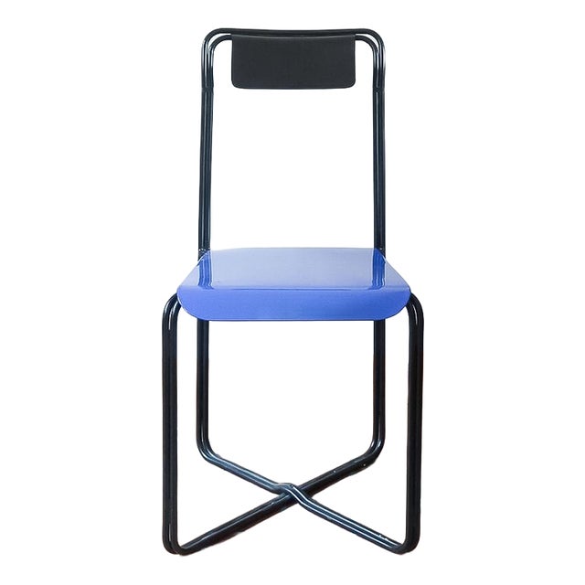 Kaa Chair attributed to Francesco Soro in Black Lacquered Metal with Blue Seat, Italy, 1980s For Sale