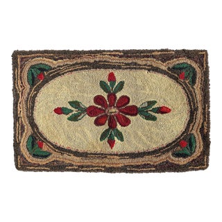 Vintage Hand-Hooked Floral Folk Art Rug Textile For Sale