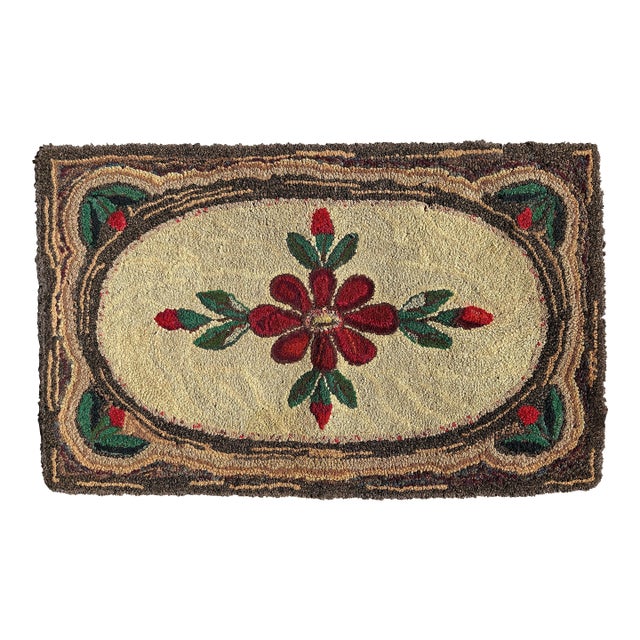 Vintage Hand-Hooked Floral Folk Art Rug Textile For Sale