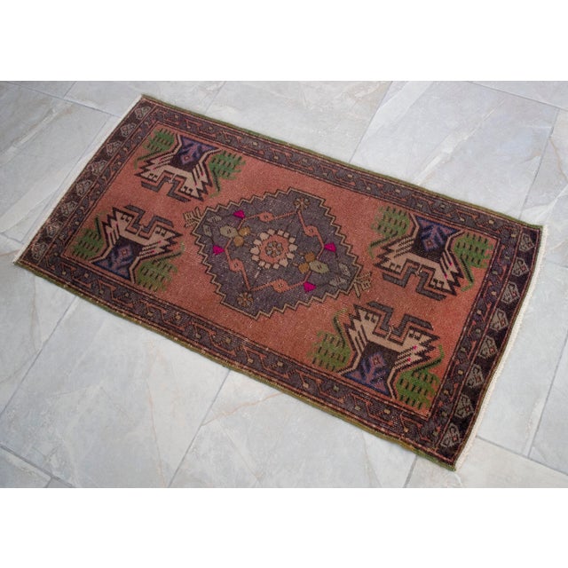 Distressed Low Pile Turkish Yastik Petite Rug Hand Knotted Faded Mat - 21'' X 42'' For Sale - Image 10 of 13