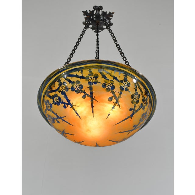Metal French Art Deco Pendant Light by Le Verre Francais Schneider - 1925 Cameo Chandelier France For Sale - Image 7 of 15
