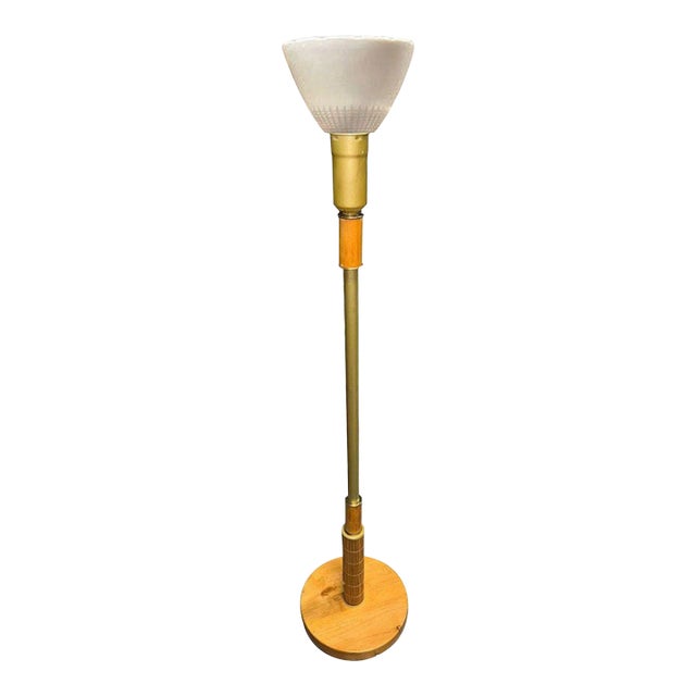 Mid-Century Rattan & Brass Floor Lamp with Reed Accents For Sale