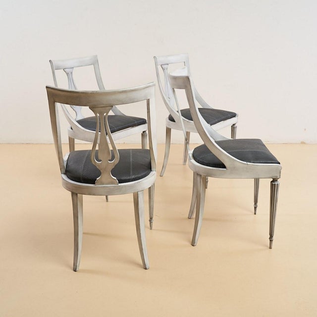 Vintage Gray-White Wooden Chairs and Genuine Leather Seats, Set of 4 For Sale - Image 4 of 8