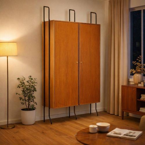 Vintage Italian-made furniture with enameled metal uprights and compartments with hinged doors in mahogany veneer. Good...