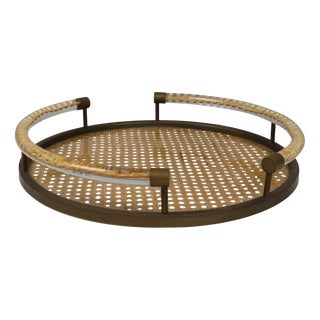 Italian Hollywood Regency Round Brass and Rattan Tray by Alberto Forde, 1970s For Sale