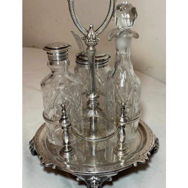 Metal Antique 1800's Ornate Cut Crystal Silver Plate Figural Cruet Condiment Set Caddy For Sale - Image 7 of 16