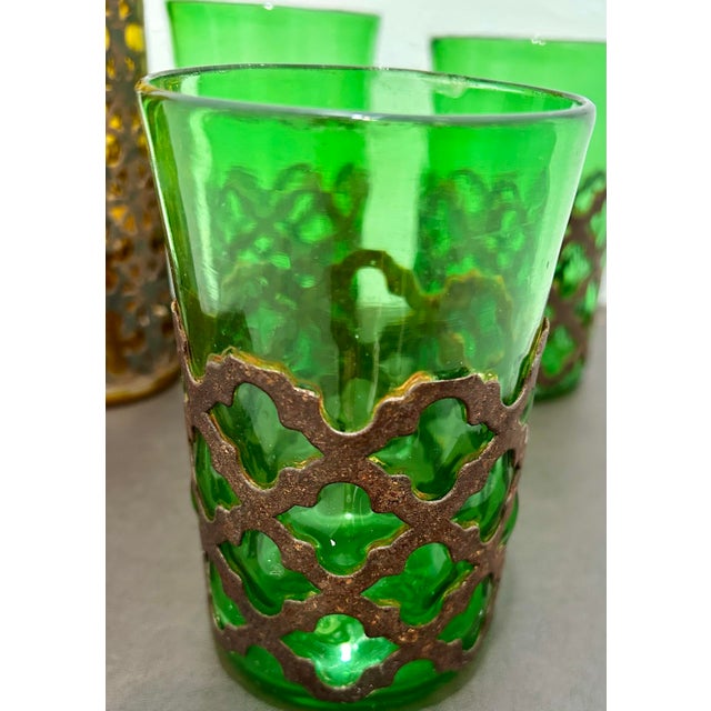Felipe Derflingher VTG Felipe Derflinger Handblown Amber & Green Brutalist Caged Tumblers, Set of 5 For Sale - Image 4 of 10
