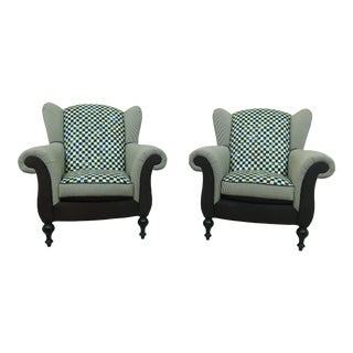 Pair Mackenzie Childs Upholstered Club Chairs For Sale