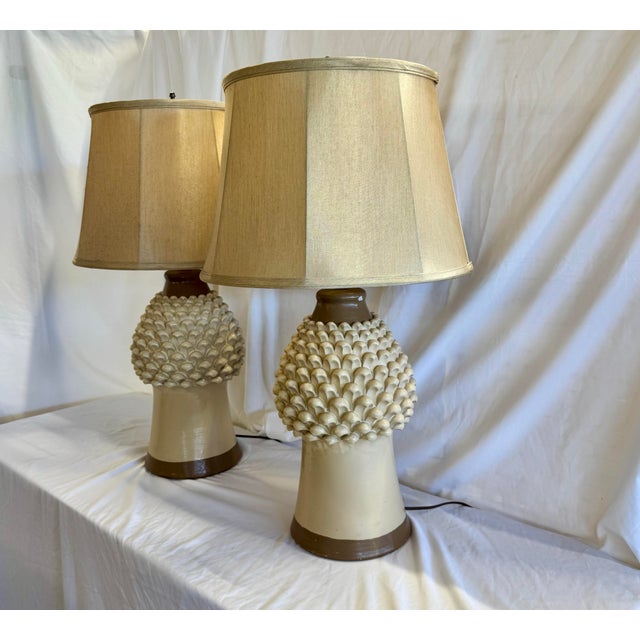 Pair of ceramic Pine Cone shape table lamps. This is in style Ivo De Santis for Gli Etruschi. There is no label, but...