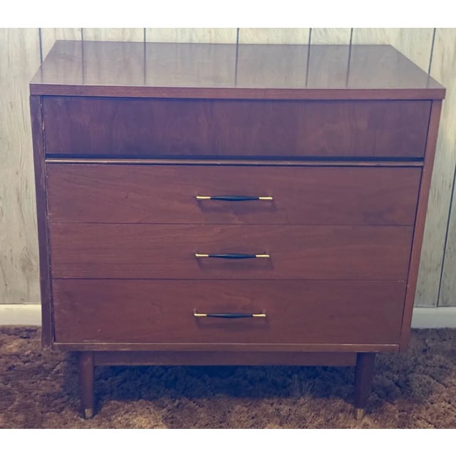 Vintage Mid-Century Modern Walnut 3-Drawer Lowboy Dresser With Brass-Capped Legs and Stylish Black-Gold Handles For Sale - Image 12 of 16