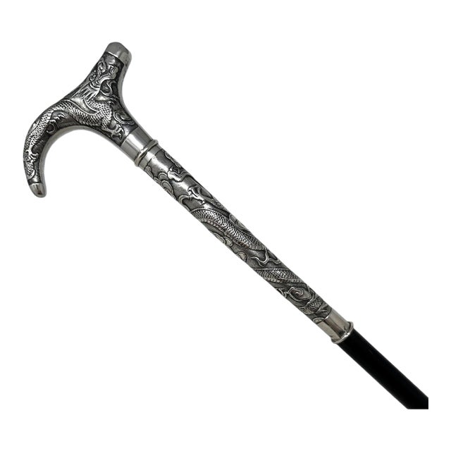 Antique Chinese Sterling Silver Qing Lady’s Walking Swagger Stick Cane 2 Dragons For Sale