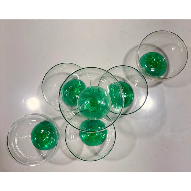 Art Deco Glow Green Footed Dessert Glasses by Mikasa- Set of 6 For Sale - Image 3 of 12