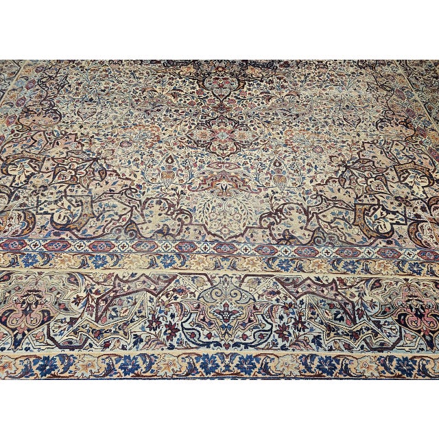 French Country 19th Century Oversized Persian Kerman Lavar Rug, Hand-Knotted Wool, Floral Pattern, Ivory & Blue, 11’ X 17’ For Sale - Image 3 of 18