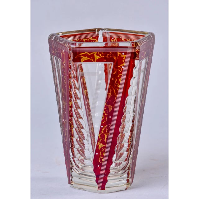 Glass Early 20th Century Bohemian Glass Vase With Cut to Red Detailed Design For Sale - Image 7 of 9