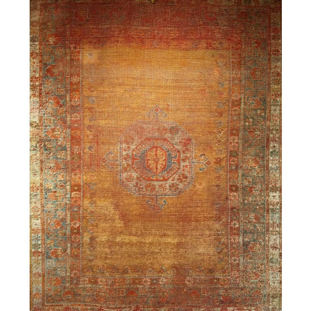 Brown 19th Century Antique Turkish Oushak Area Rug, 1880s, Pale Yellow & Blue, 5' x 5' For Sale - Image 8 of 14