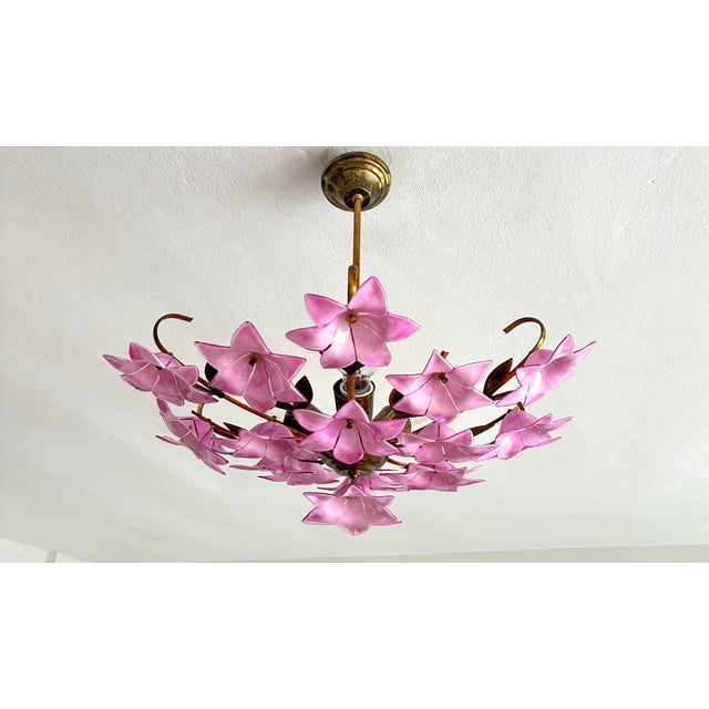 Italian 1980s Italian Style Pink Floral Crystal Flush Mount Chandelier, 3-Light For Sale - Image 3 of 17