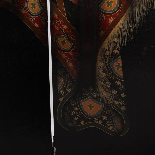 Wood Hand Painted on Wood Four Paneled Dressing Screen With Drape Design 20thC For Sale - Image 7 of 10