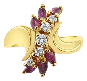 Marquise Ruby & Diamond Vertical Cluster Ring 14k Yellow Gold, Size 3