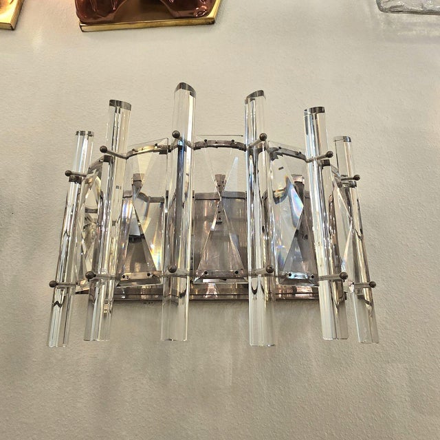 Metal 1970s Mid-Century Modern Crystal Pair of Sconces, Chrome, French For Sale - Image 7 of 13