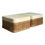 Vintage Coastal Woven Rattan Ottomans - A Pair For Sale