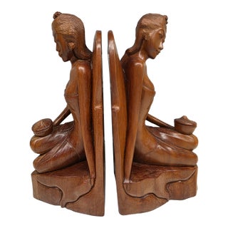 Pair of Mid-Century Balinese Art Deco Mahogany Maiden Bookends – Keradjinan Bali Stamped For Sale