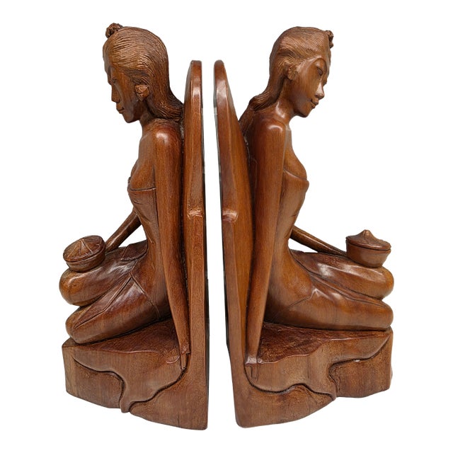 Pair of Mid-Century Balinese Art Deco Mahogany Maiden Bookends – Keradjinan Bali Stamped For Sale