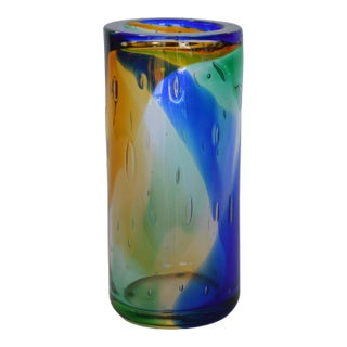 Murano Blue Amber Green Cylinder Vase by Camozzo For Sale