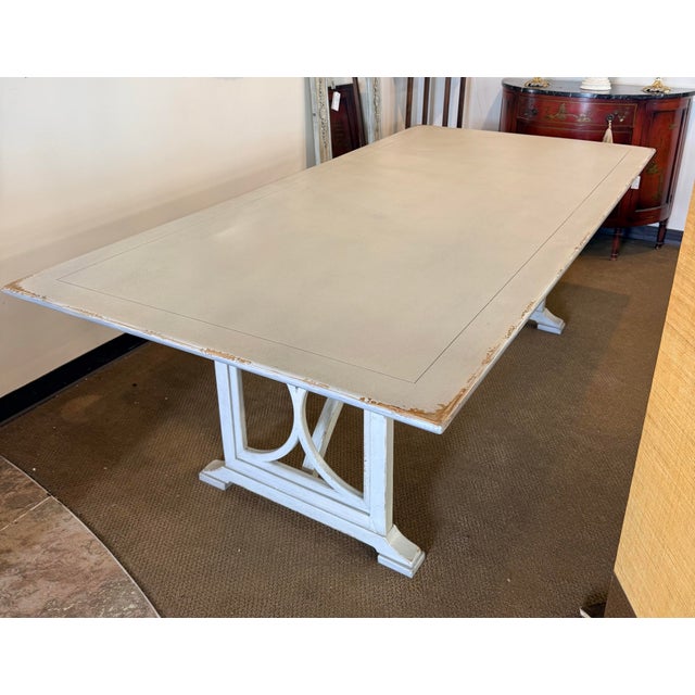 Farmhouse Habersham Antiqued White Trestle Dining Table With Scrollwork Base For Sale - Image 3 of 7