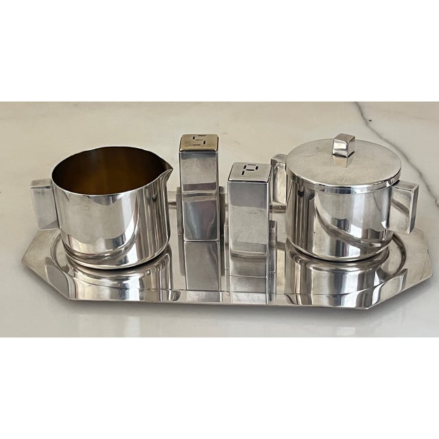 Art Deco Merle D, Faber Quadruple Silver Plated Art Deco Skyscraper Design Five Piece Set For Sale - Image 3 of 16