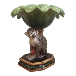 Vintage Majolica Style Ceramic Monkey Pedestal Bowl For Sale