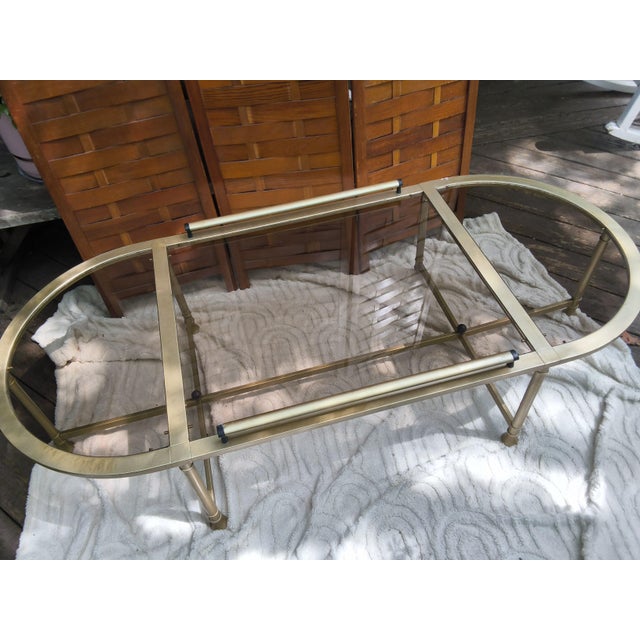 Hollywood Regency Vintage Mid-Century Hollywood Regency Racetrack Oval Brass & Glass Coffee Table in the Style of Maison Jansen For Sale - Image 3 of 10