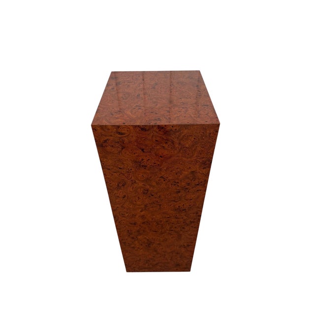 Striking Postmodern laminated burled wood pedestal, circa 1980s, showcasing the bold materials and sophisticated...