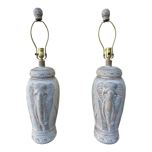 A Pair of Large 1990s Coastal / Bohemian Style Elephant Table Lamps by Pacific Coast Lamps. For Sale